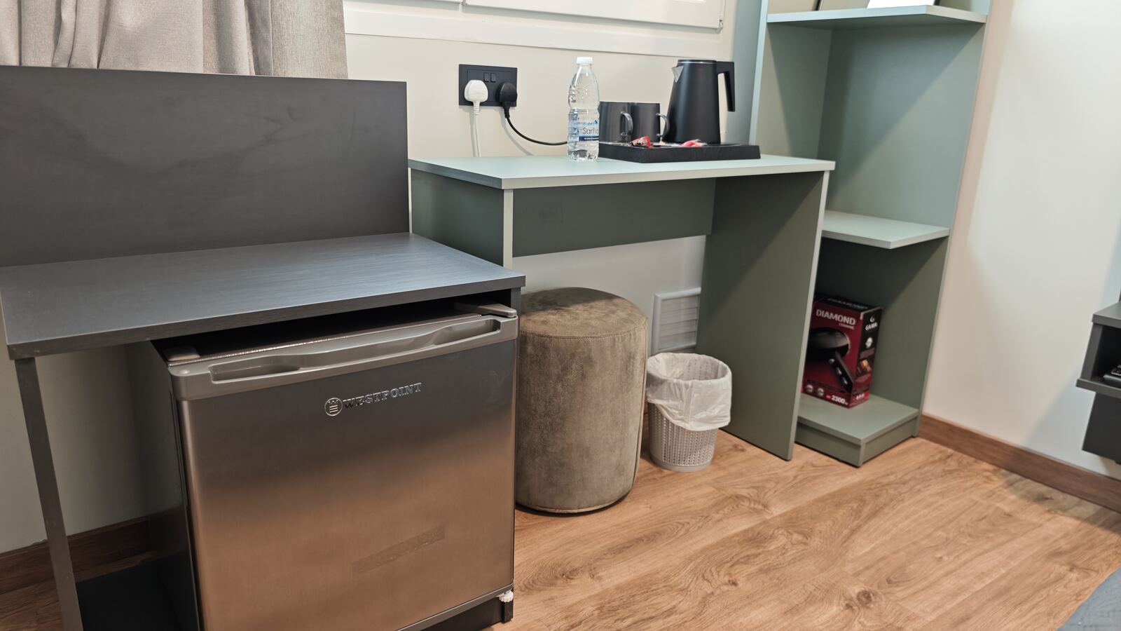 Room H3 desk and mini-fridge corner, St. Lazarus City Hotel