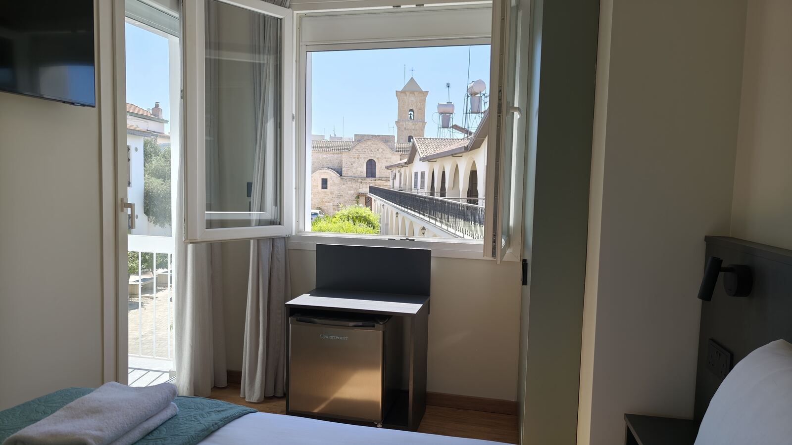 Small room H5 window with view of Agios Lazaros church tower, St. Lazarus City Hotel