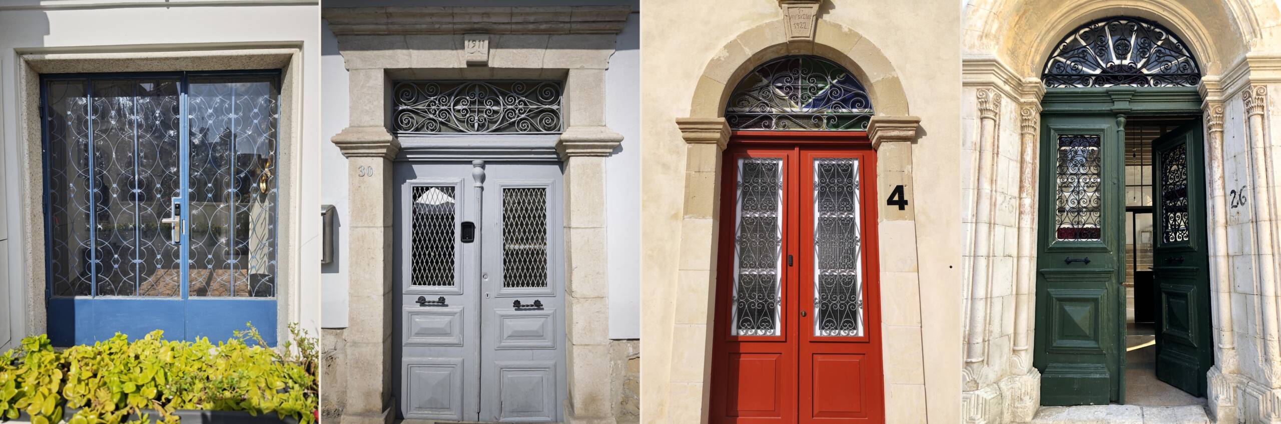 The four doors of Stay In Larnaca side by side: St. Lazarus City Hotel, St. Lazaros Studios, St. Lazaros Studios 2, and Le Mat Hostel, all in the same old-town quarter